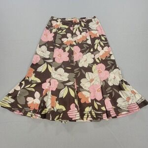 Vintage Y2K Elementz Floral A-Line Skirt Linen Blend Brown Pink Midi Size Small